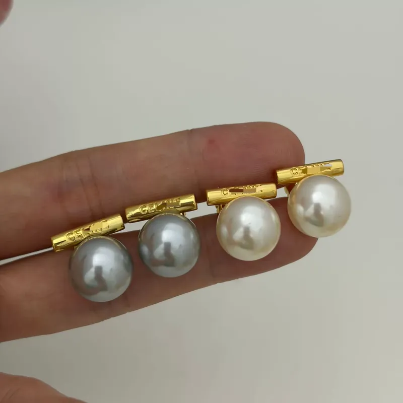 Grey Pearl Stud Earrings Metal Cylinder High Gloss Vintage