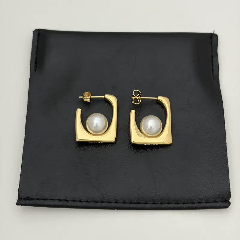Square Pearl Stud Earrings Gold