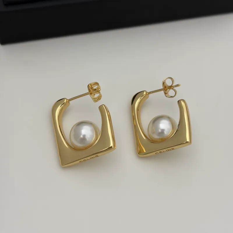 Square Pearl Stud Earrings Gold
