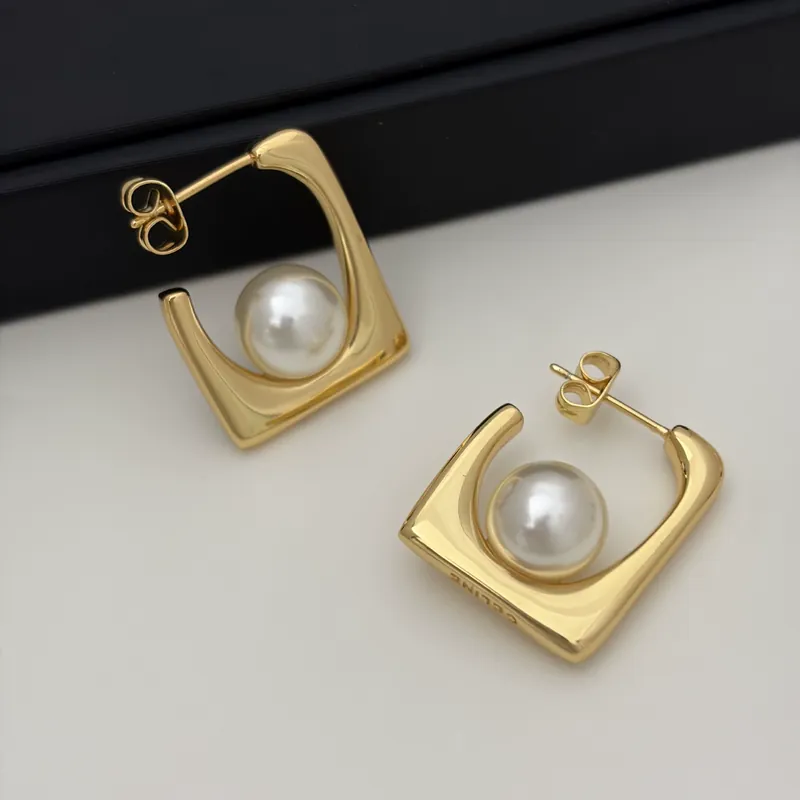 Square Pearl Stud Earrings Gold