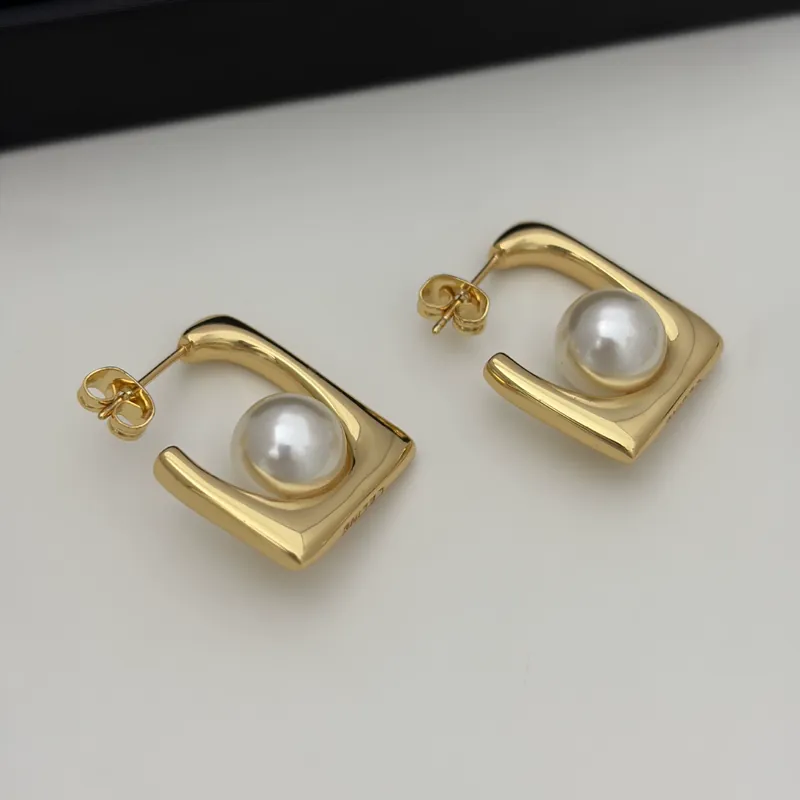 Square Pearl Stud Earrings Gold