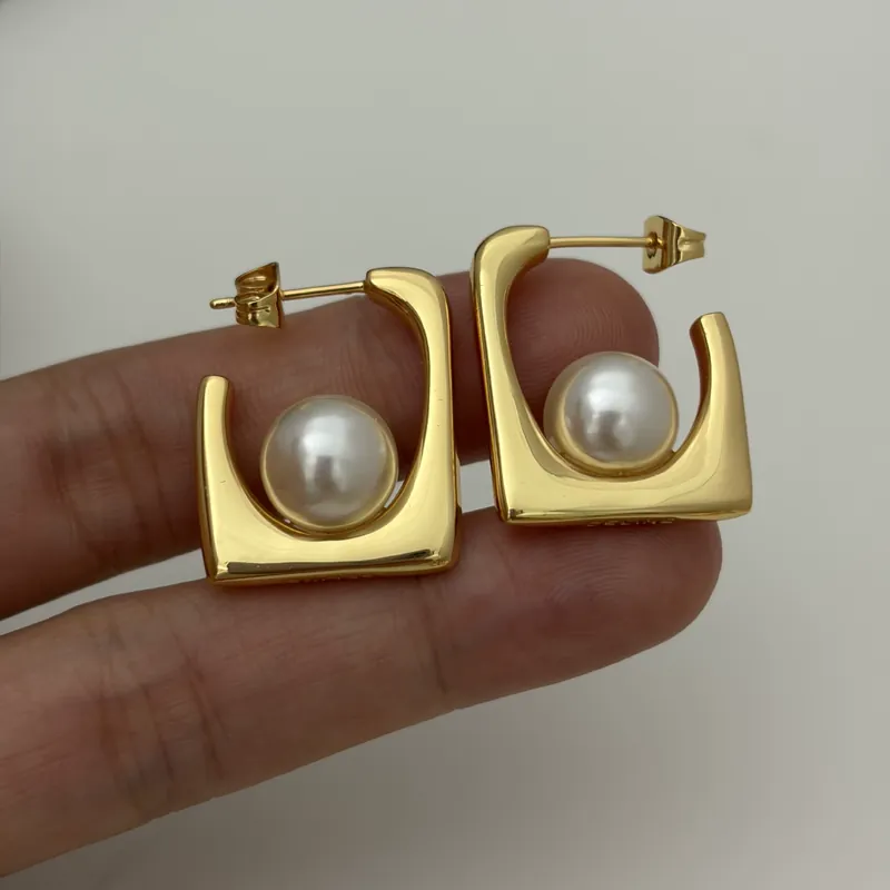 Square Pearl Stud Earrings Gold