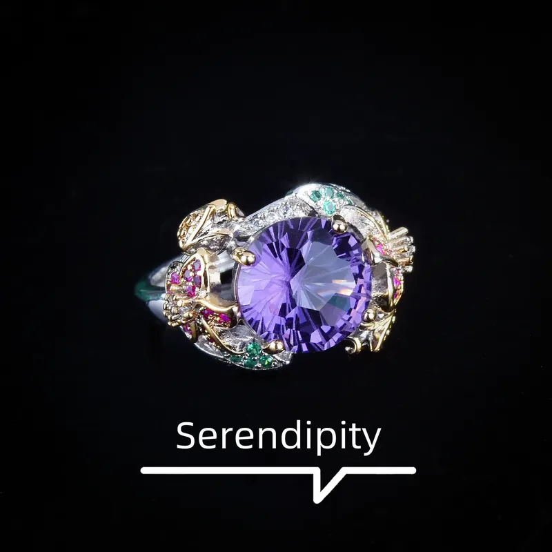 Italian Two-Tone Gold Flower Ring Purple Zircon