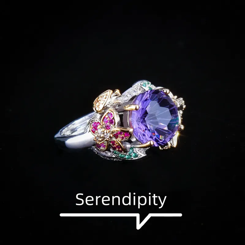 Italian Two-Tone Gold Flower Ring Purple Zircon