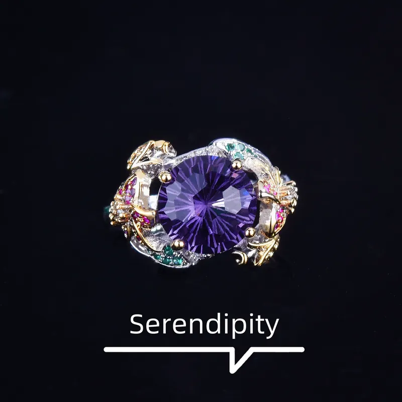 Italian Two-Tone Gold Flower Ring Purple Zircon