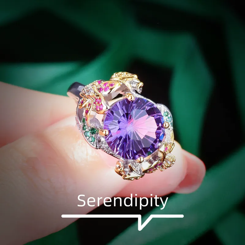 Italian Two-Tone Gold Flower Ring Purple Zircon