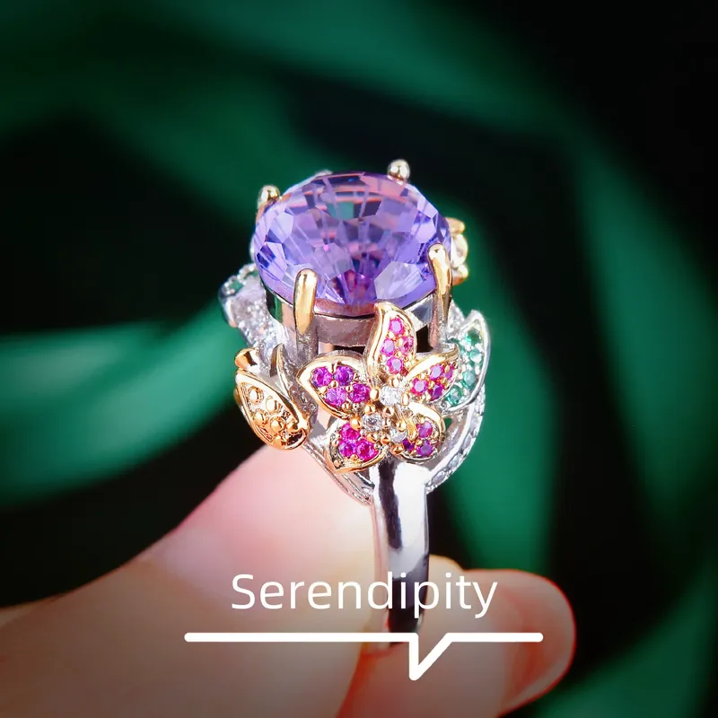 Italian Two-Tone Gold Flower Ring Purple Zircon