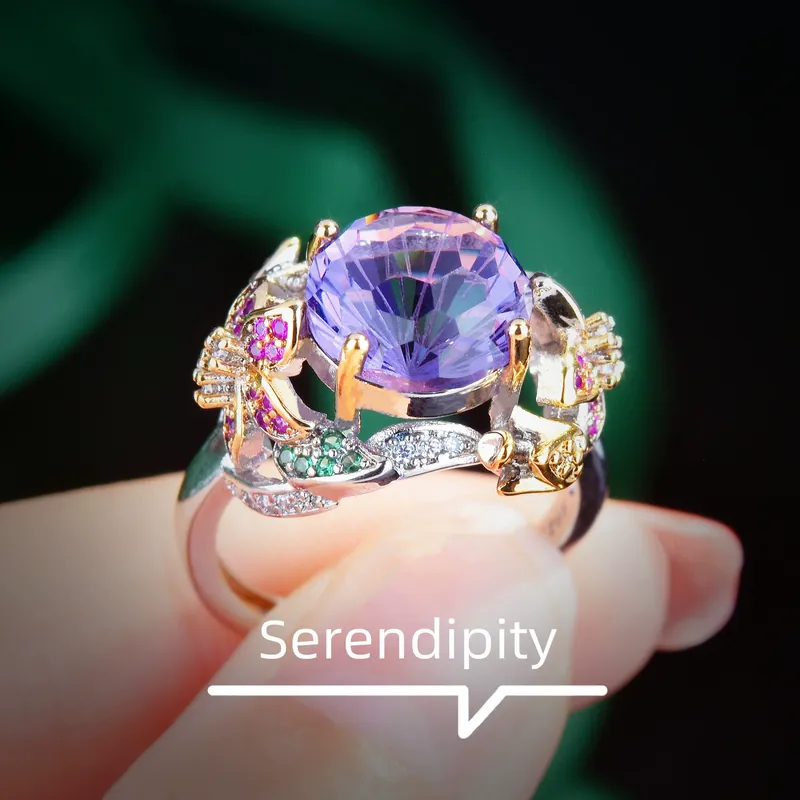 Italian Two-Tone Gold Flower Ring Purple Zircon