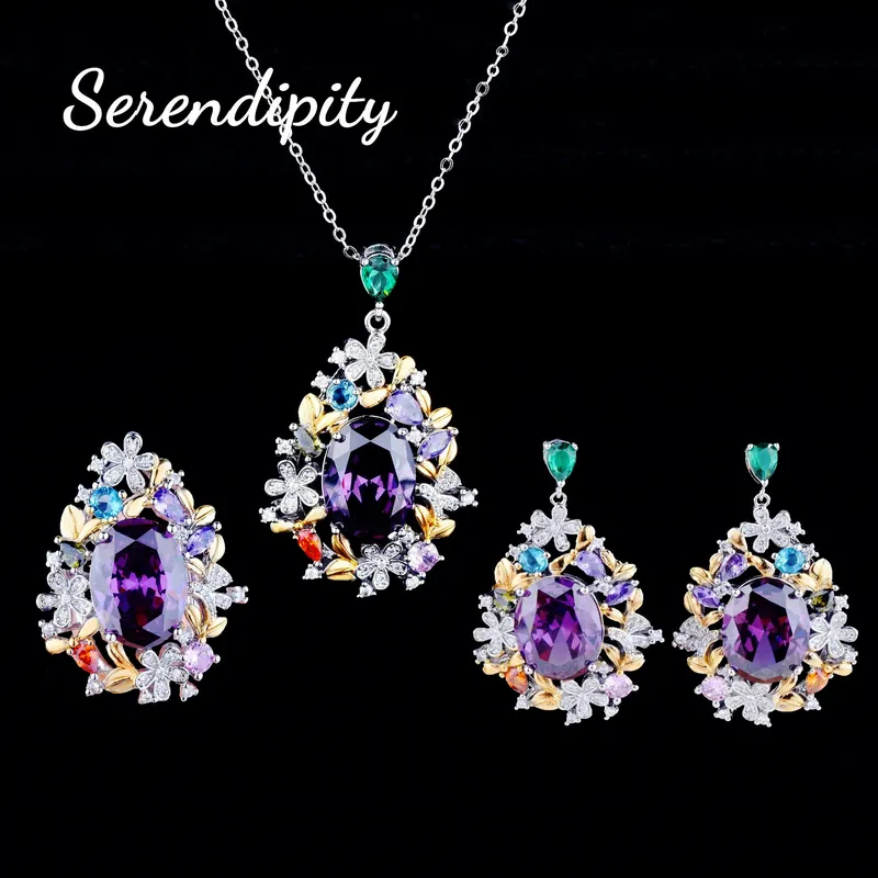 Italian Two-Tone Gold Pendant Amethyst Ring Set