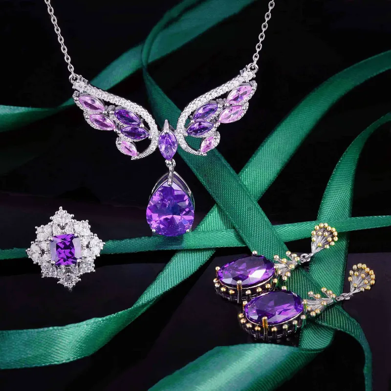 Vintage Angel Wing Necklace Purple Zircon