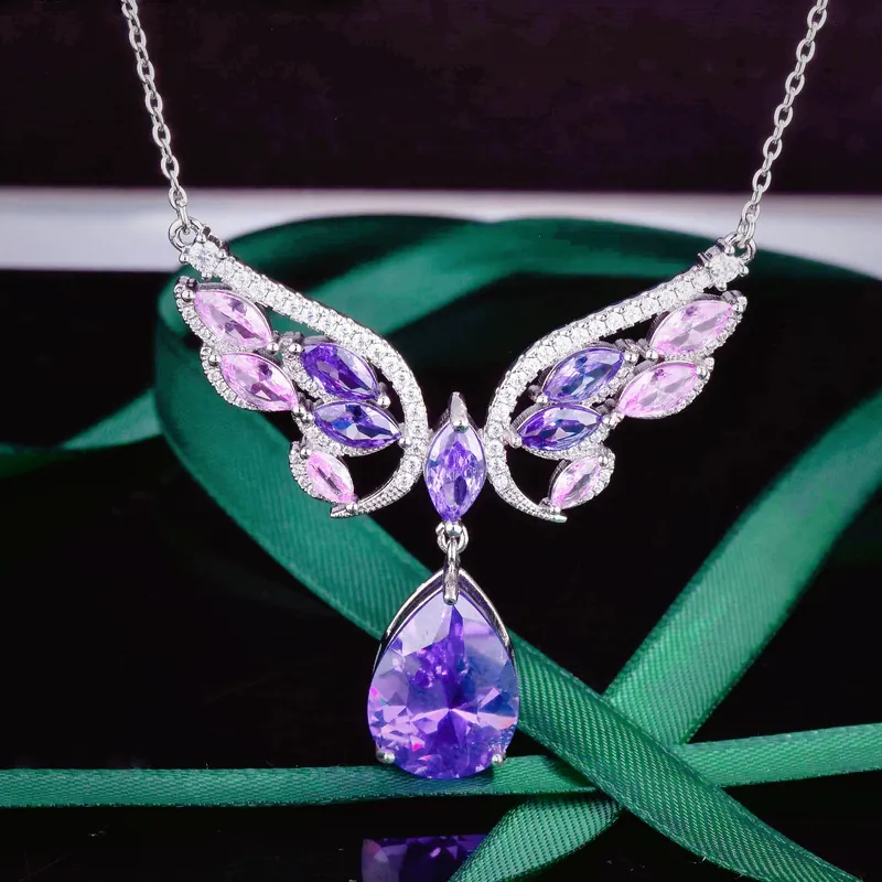 Vintage Angel Wing Necklace Purple Zircon
