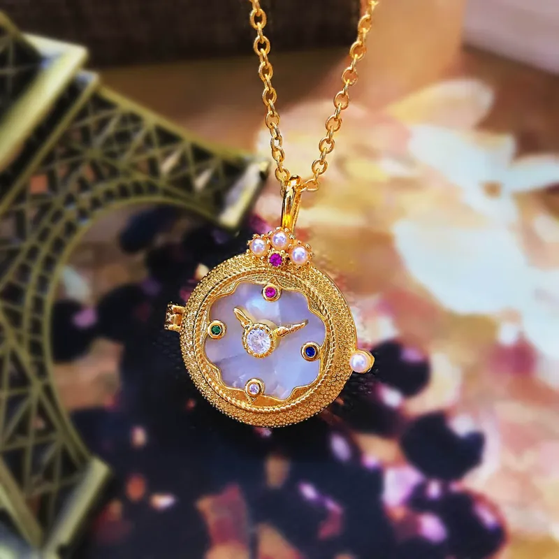 Italian Pocket Watch Necklace Pearl Shell