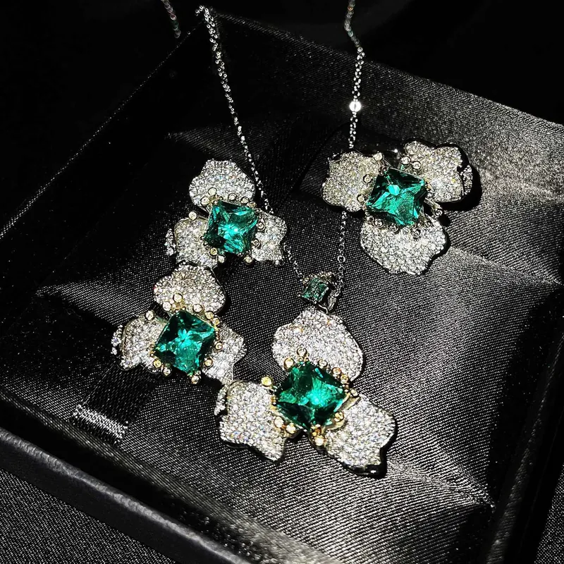 Green Emerald Ring Set Flower Earrings