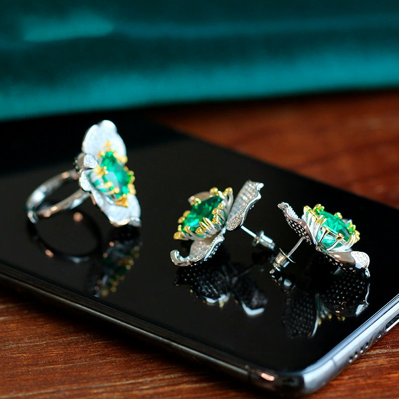 Green Emerald Ring Set Flower Earrings