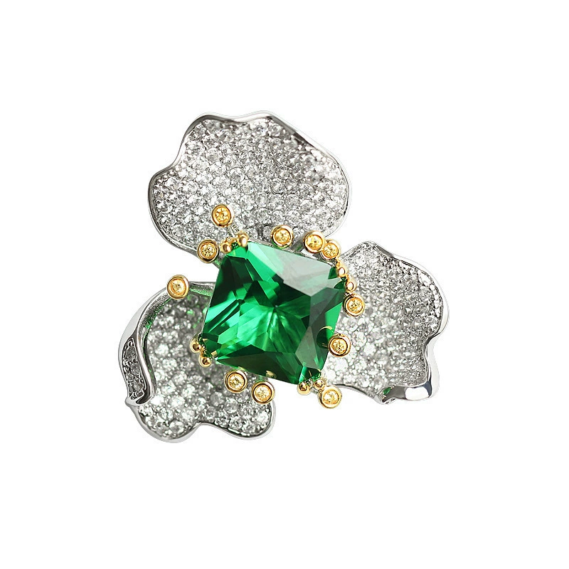 Green Emerald Ring Set Flower Earrings