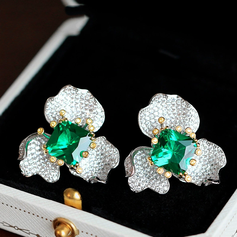 Green Emerald Ring Set Flower Earrings