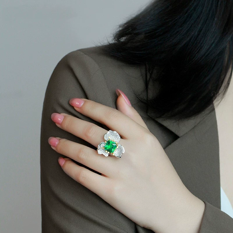 Green Emerald Ring Set Flower Earrings