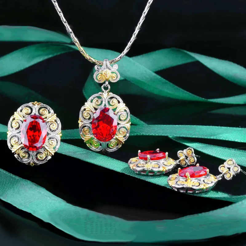 Italian Garnet Jewelry Set Two-Tone Gold