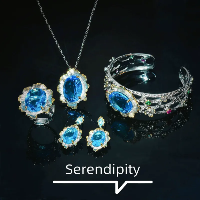 Vintage Italian Lace Blue Zircon Jewelry Set with Simulated Aquamarine