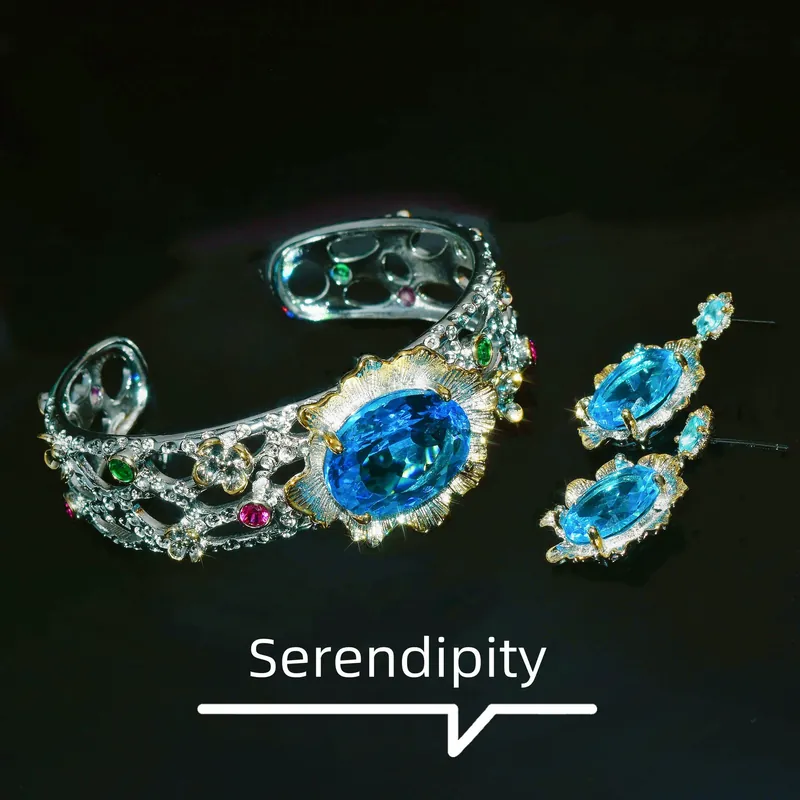 Vintage Italian Lace Blue Zircon Jewelry Set with Simulated Aquamarine