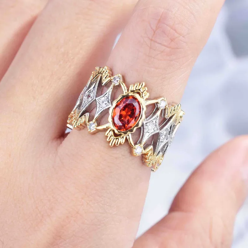 Italian Handmade Filigree Red Zircon Open Ring
