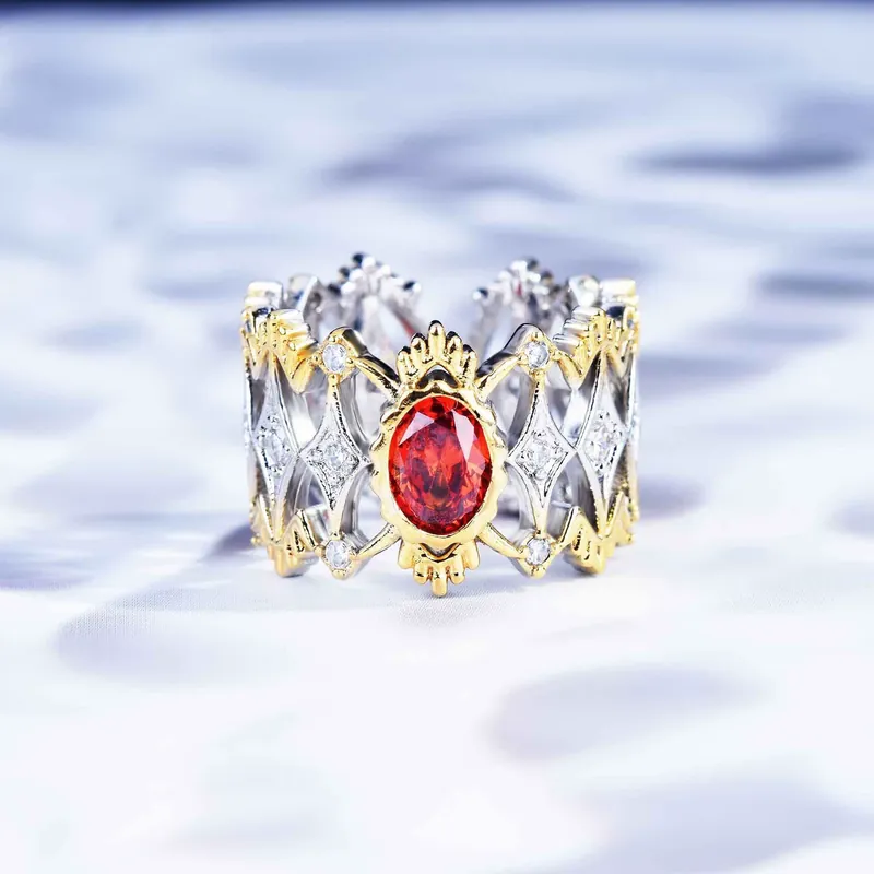 Italian Handmade Filigree Red Zircon Open Ring