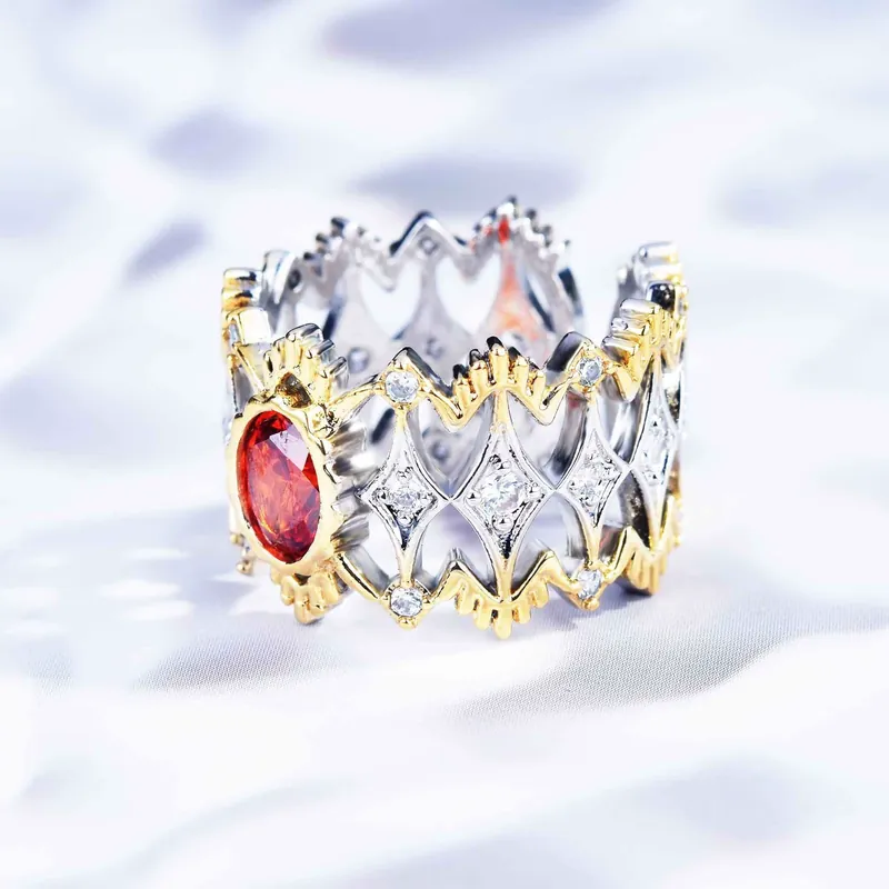 Italian Handmade Filigree Red Zircon Open Ring