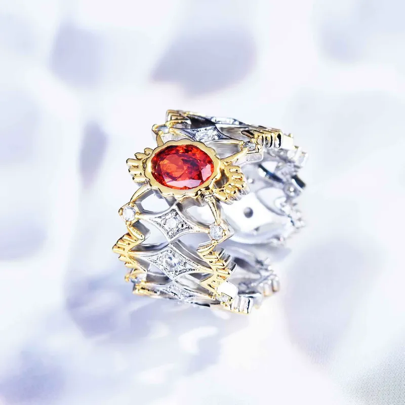 Italian Handmade Filigree Red Zircon Open Ring