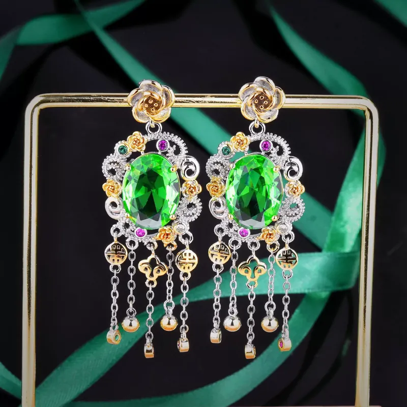 Italian Vintage Two-Tone Gold Peridot Jewelry Set with Tassel Earrings