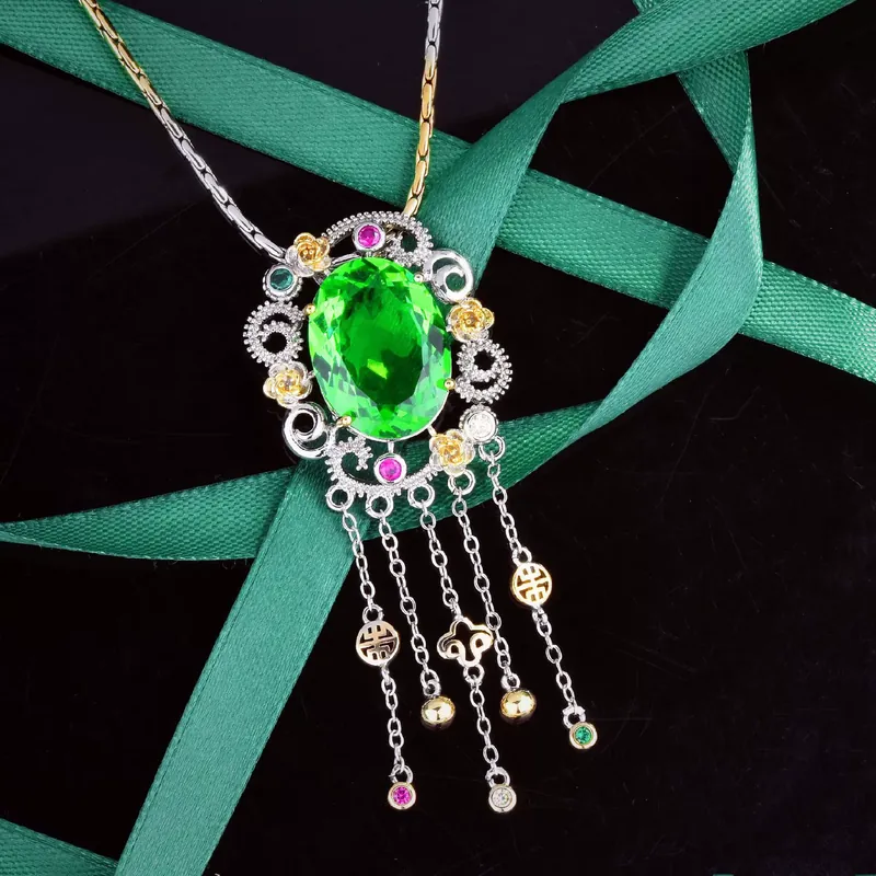Italian Vintage Two-Tone Gold Peridot Jewelry Set with Tassel Earrings