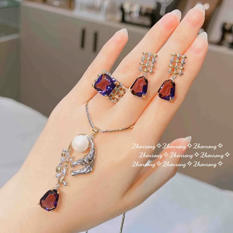 Italian Vintage Purple Zircon Leopard Jewelry Set with Pearl Pendant