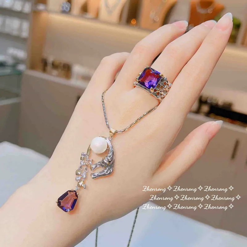 Italian Vintage Purple Zircon Leopard Jewelry Set with Pearl Pendant