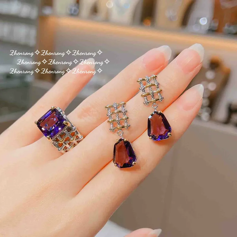 Italian Vintage Purple Zircon Leopard Jewelry Set with Pearl Pendant