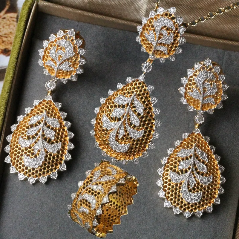 Italian Filigree Iris Flower Jewelry Set with Honeycomb Lace