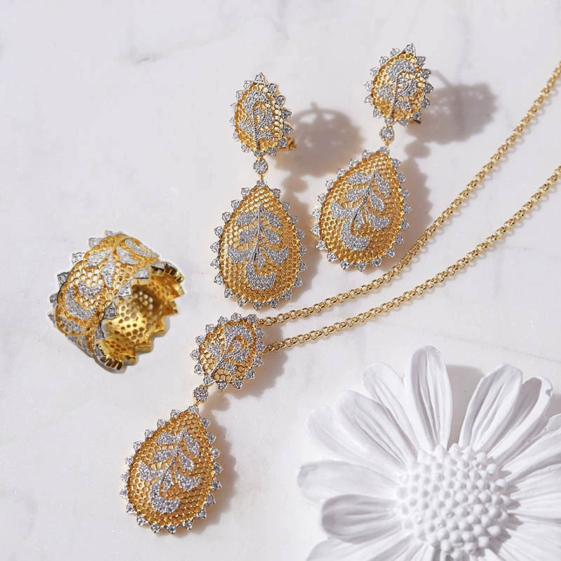 Italian Filigree Iris Flower Jewelry Set with Honeycomb Lace