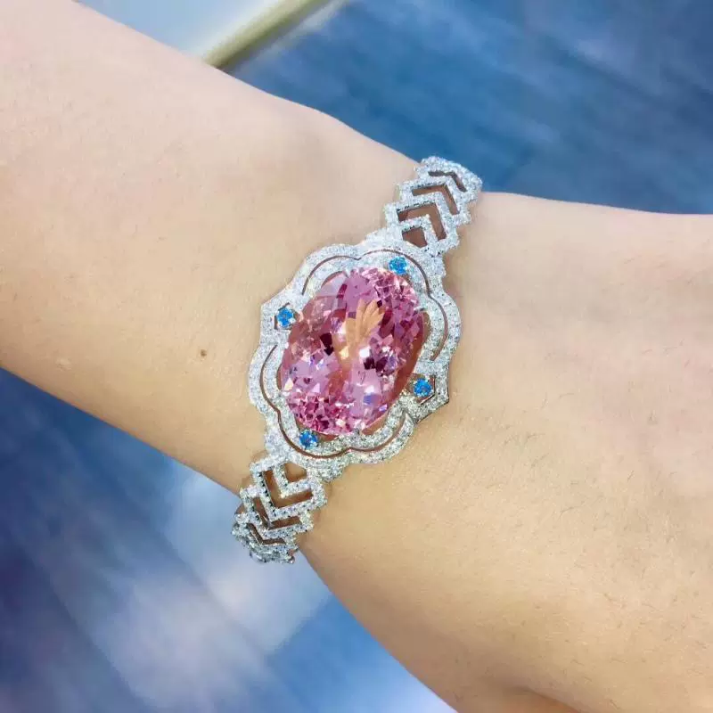 Pulseira Rígida Luxuosa Cristal Estilo Morganita Rosa