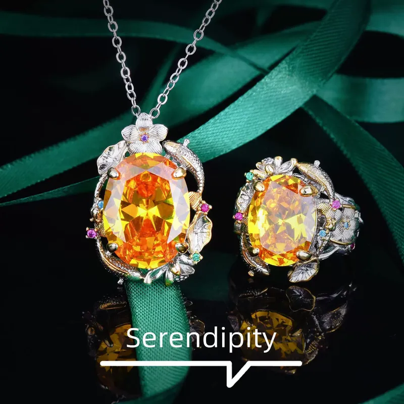 Italian Vintage Lotus Fish Jewelry Set with Yellow Zircon