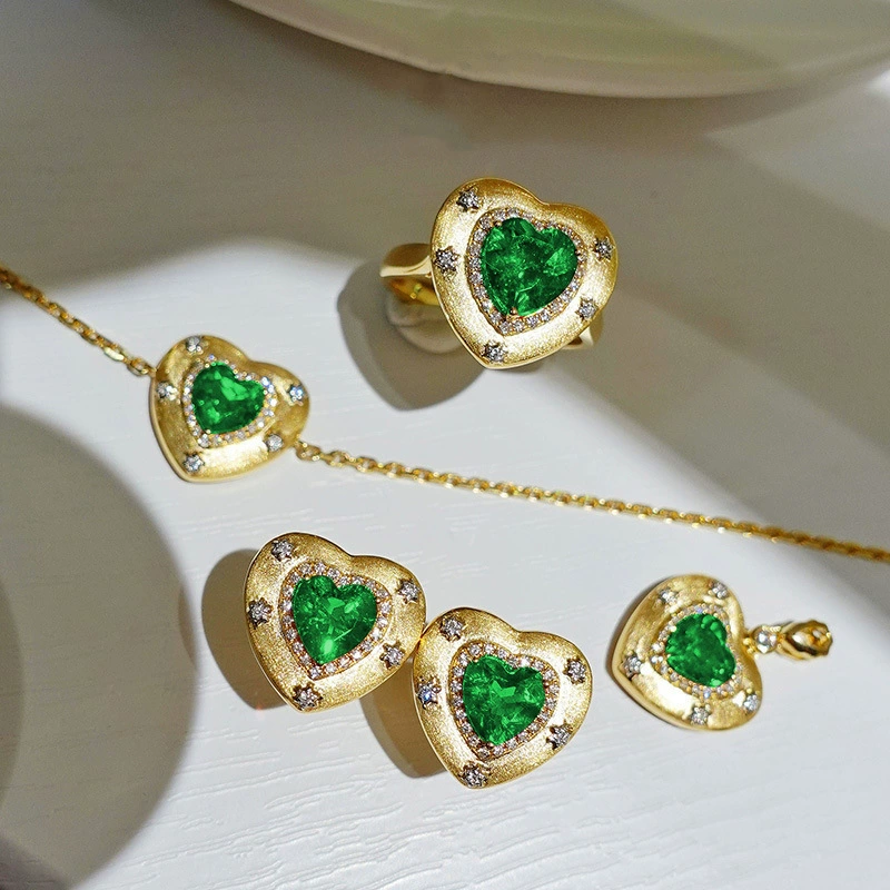 Italian Filigree Heart Ruby Jewelry Set with Necklace and Ring