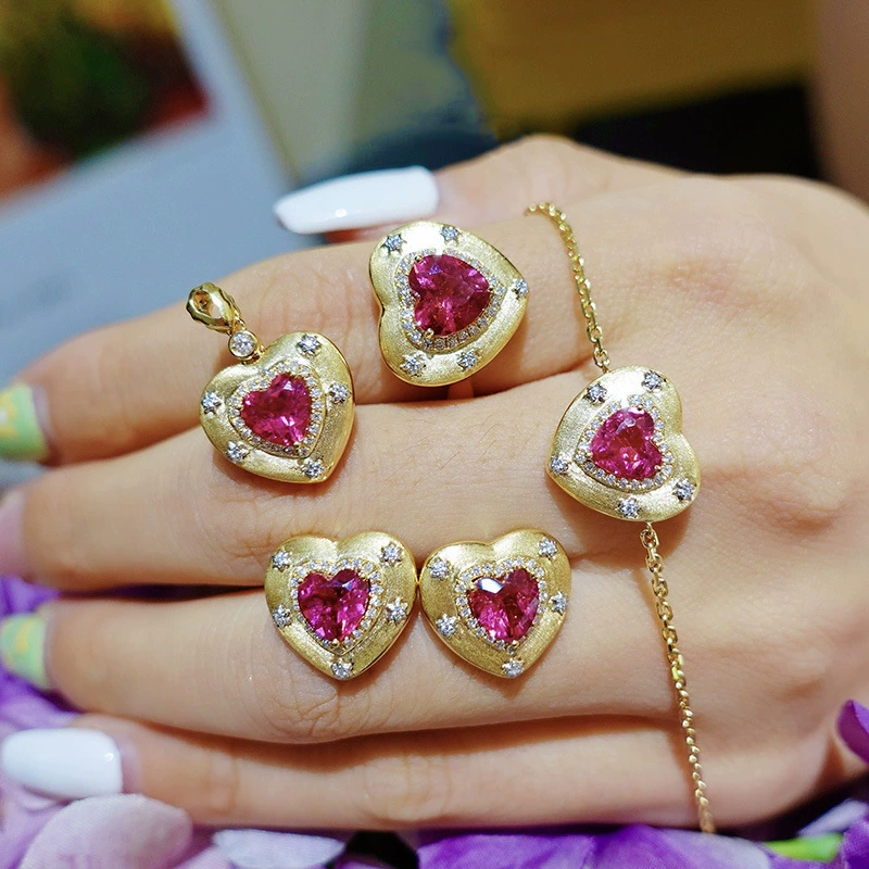 Italian Filigree Heart Ruby Jewelry Set with Necklace and Ring