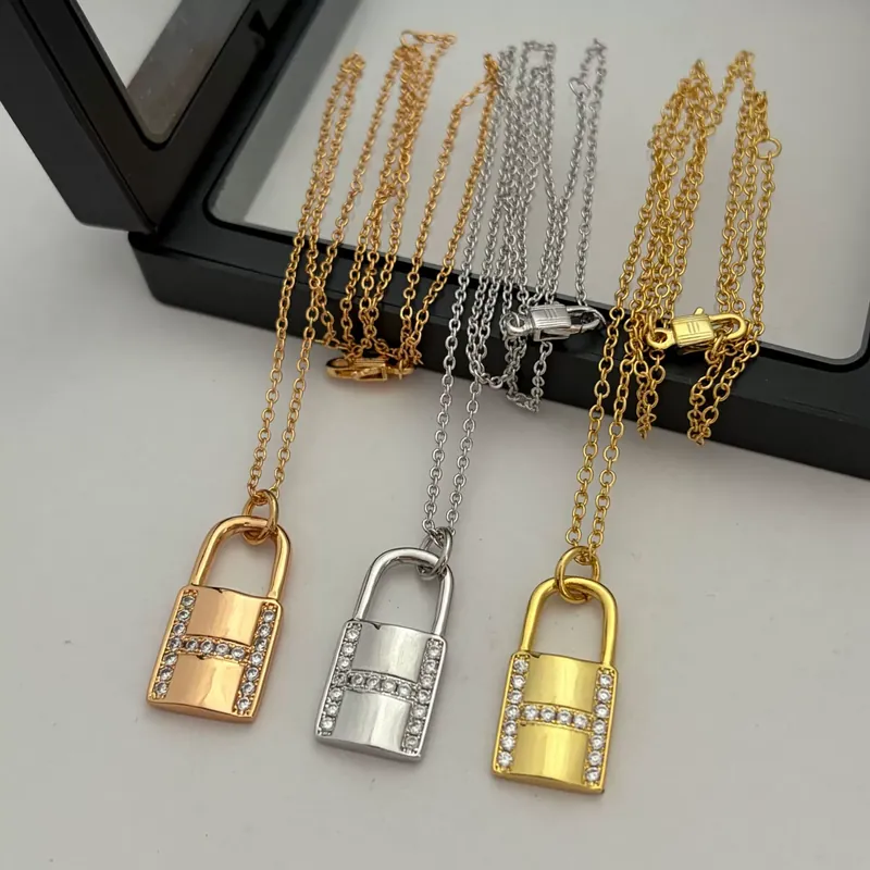 Zircon Lock Pendant Necklace Rose Gold