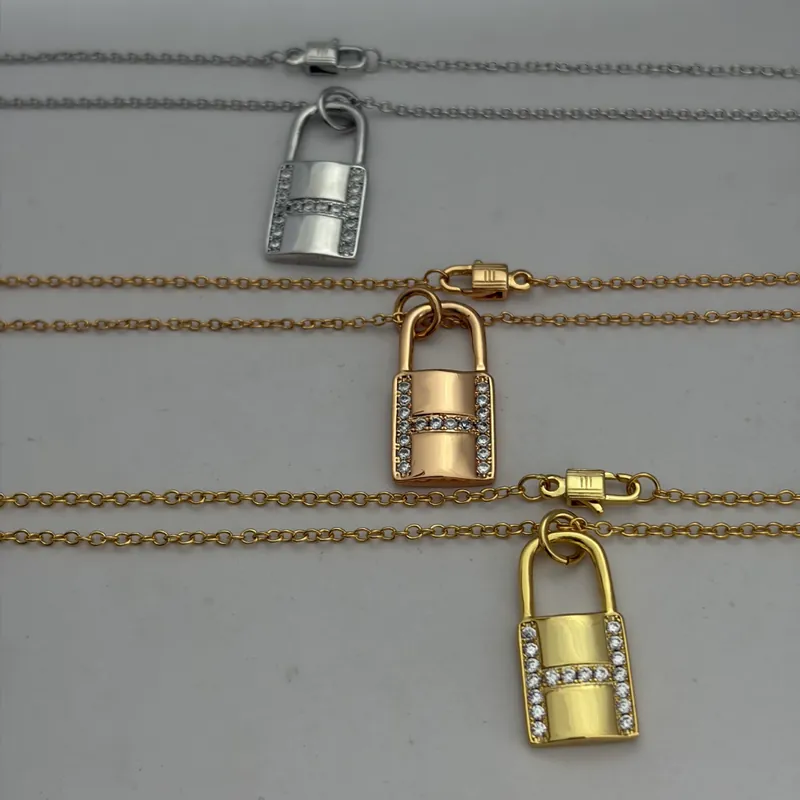 Zircon Lock Pendant Necklace Rose Gold