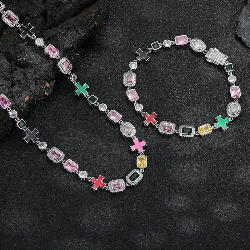 8mm Colorful Gemstone Full Pave Chain Necklace Hip-Hop Unisex