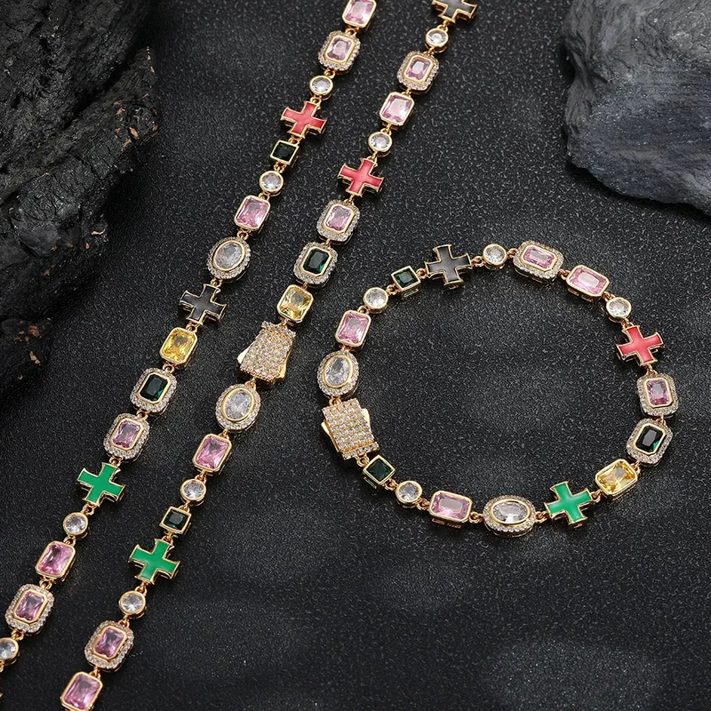 8mm Colorful Gemstone Full Pave Chain Necklace Hip-Hop Unisex