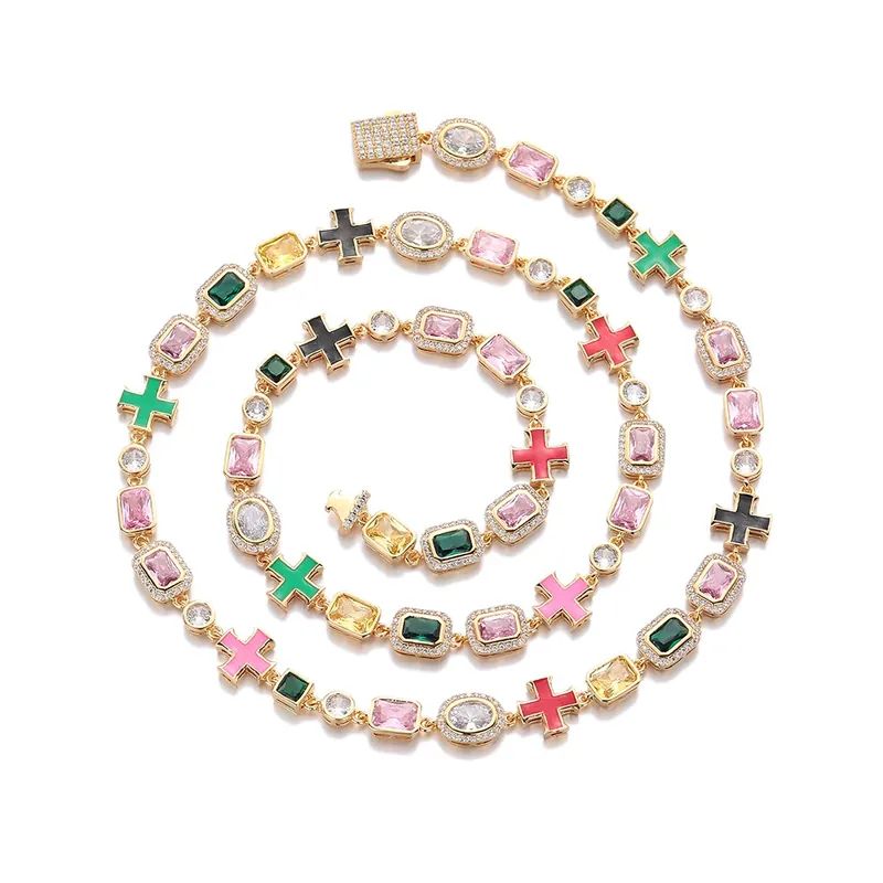 8mm Colorful Gemstone Full Pave Chain Necklace Hip-Hop Unisex