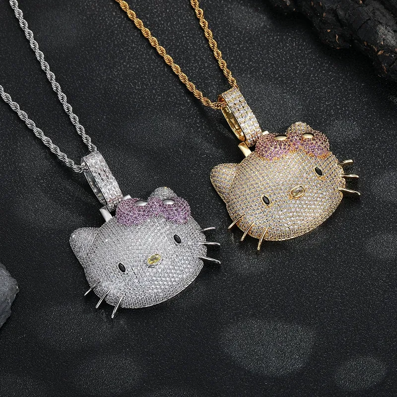 Cat Full Pave Pendant Necklace Hip-Hop Pink Zircon