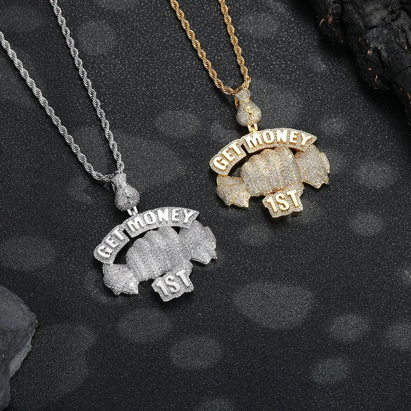 Collier pendentif poing Hip-Hop cuivre zircon style street