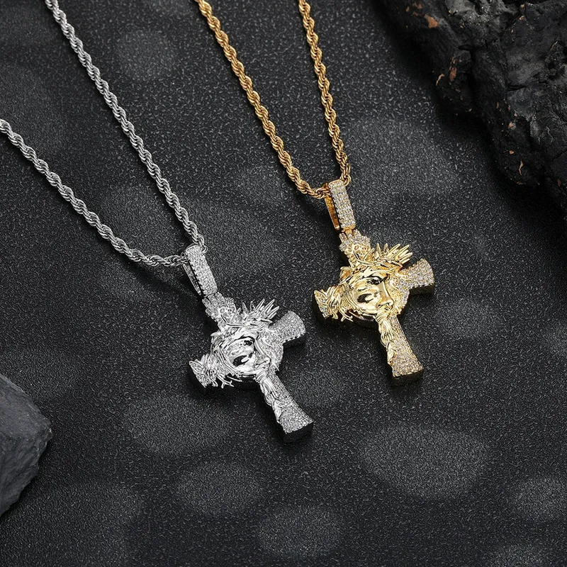 Thorn Crown Cross Pendant Necklace Hip-Hop Zircon Men's