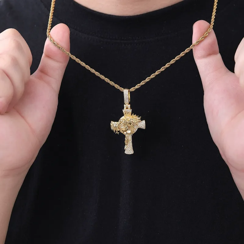 Thorn Crown Cross Pendant Necklace Hip-Hop Zircon Men's