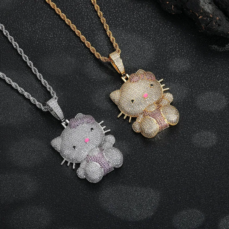 Cartoon Cat Bow Pendant Necklace Pink Zircon Women's