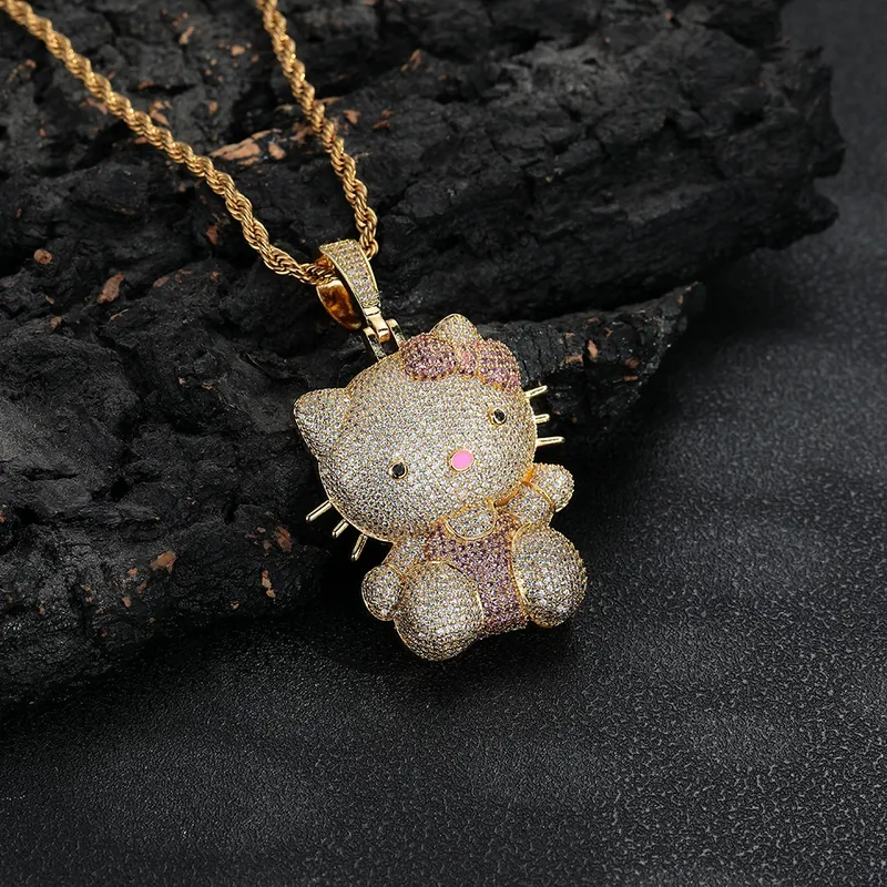Cartoon Cat Bow Pendant Necklace Pink Zircon Women's